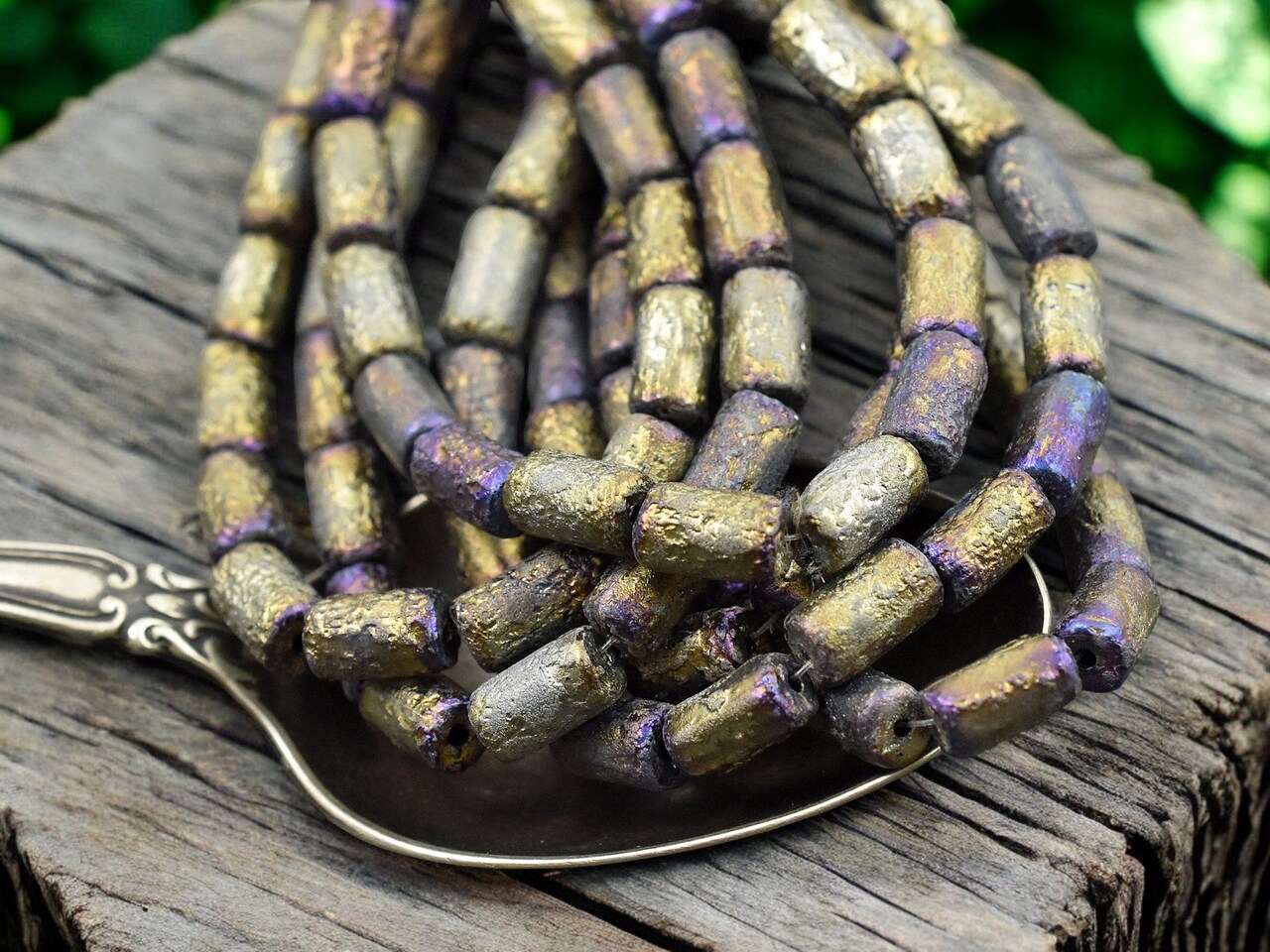 *16* 9x5mm Etched Gold Washed Purple Lustered Jet Black Tube Beads